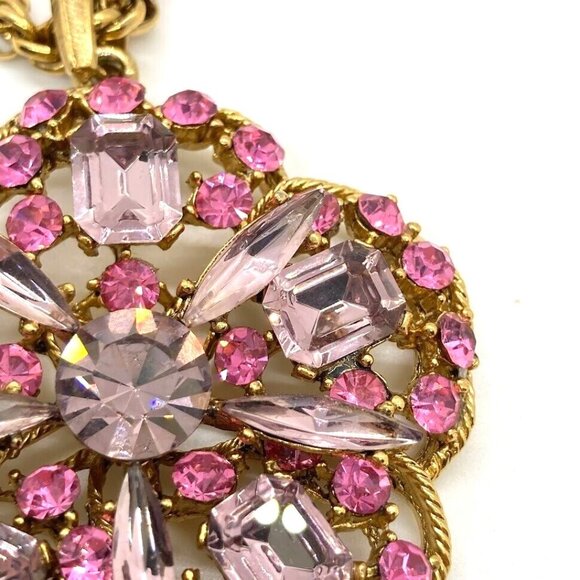 Vintage Pink Crystal Pendant Necklace With Gold Tone Double Rope Chain 30" - Picture 8 of 16